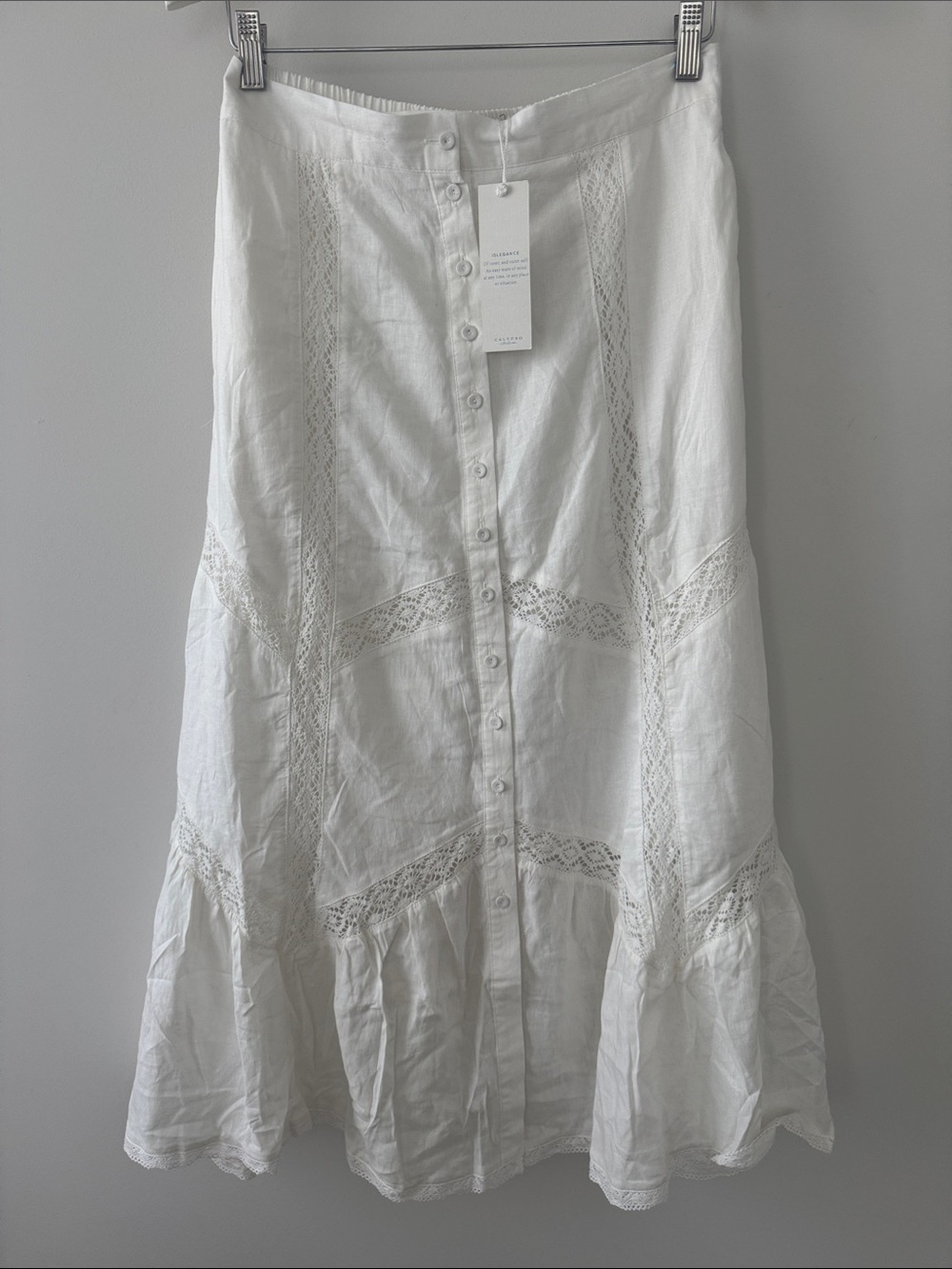 NET Calypso St. Barth Linen White Button-Front Lace-Trim Maxi Skirt